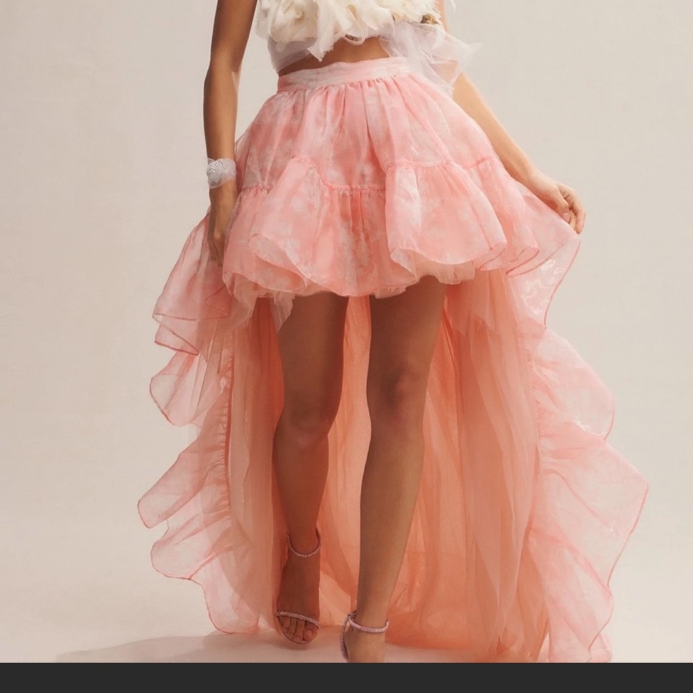 Love shack fancy Tola puffy organza high low skirt in coral